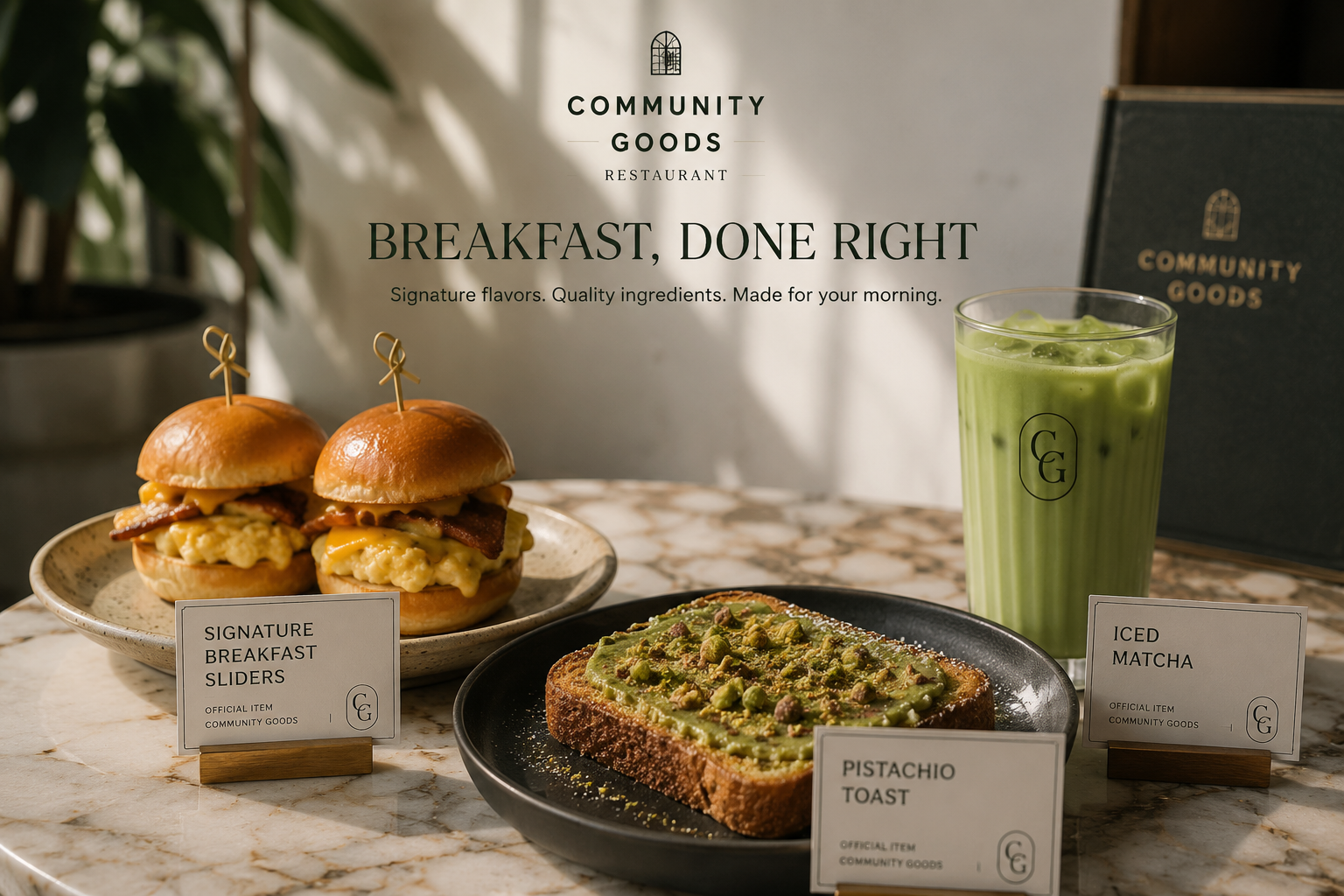Community Goods breakfast sliders and pistachio toast served with an iced matcha